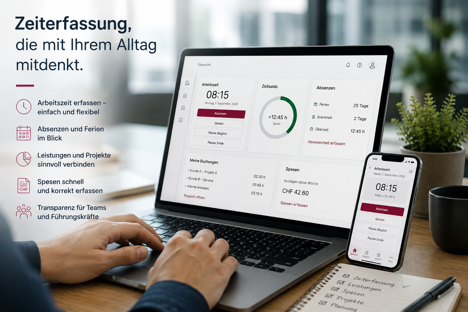 Symbolische Darstellung einer digitalen Zeiterfassung: Eine Person arbeitet an einem Laptop und Smartphone mit einer allgemeinen Arbeitszeitübersicht, inklusive Arbeitszeit, Absenzen, Leistungen, Spesen und Projekten.