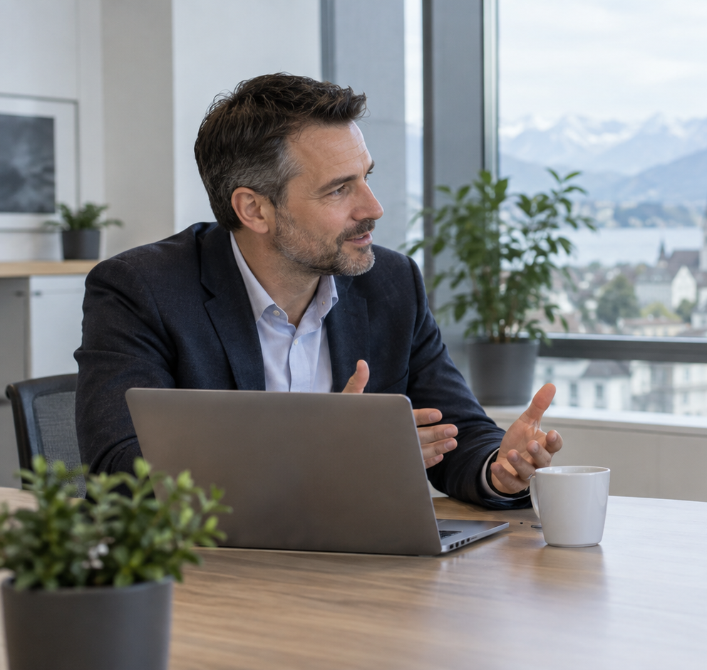 Mitarbeitergespräch zwischen Führungskraft und Mitarbeitendem in einem modernen Büro