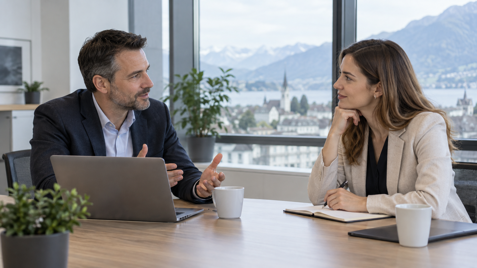 abacus-mitarbeitergespraech-digital Mitarbeitergespräch zwischen Führungskraft und Mitarbeitendem in einem modernen Büro